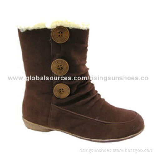Women's boots, short-calf style, fake suede upper with ornament buttons, various colors available